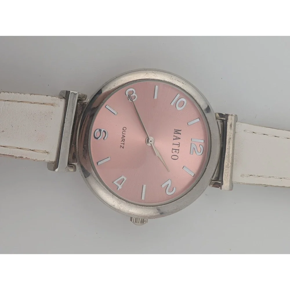 Mateo Watch Women 38mm Case Pink Dial White Leather Band- New‎ Battery